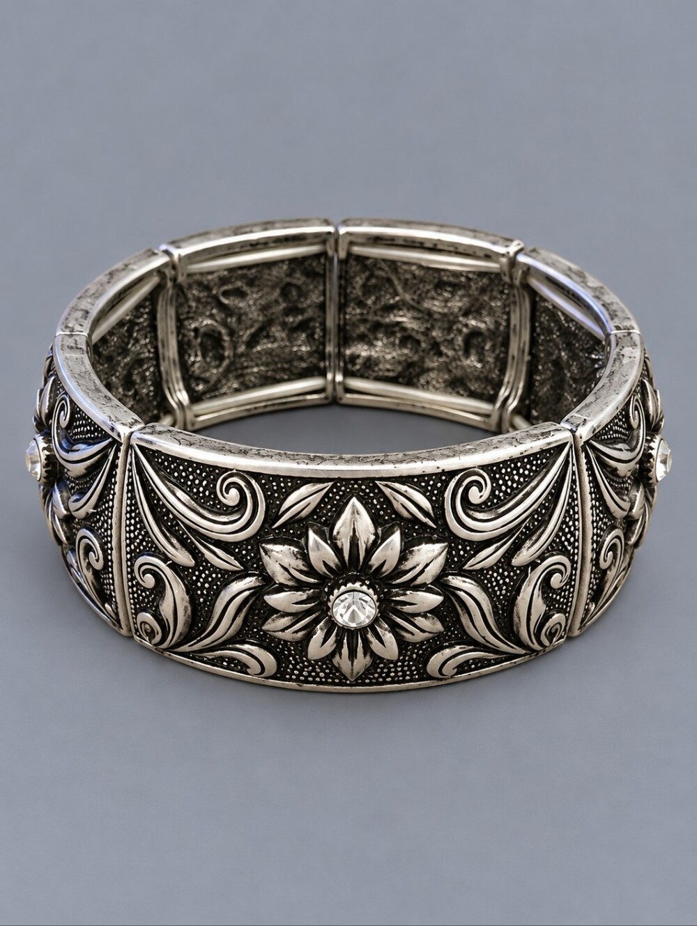 Vintage Chunky Floral Rhinestone Wide Metal Stretch Bracelet